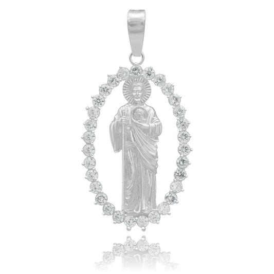 Dije San Judas Liso Borde Zirconias Hombre Plata 925 3.7 Cm