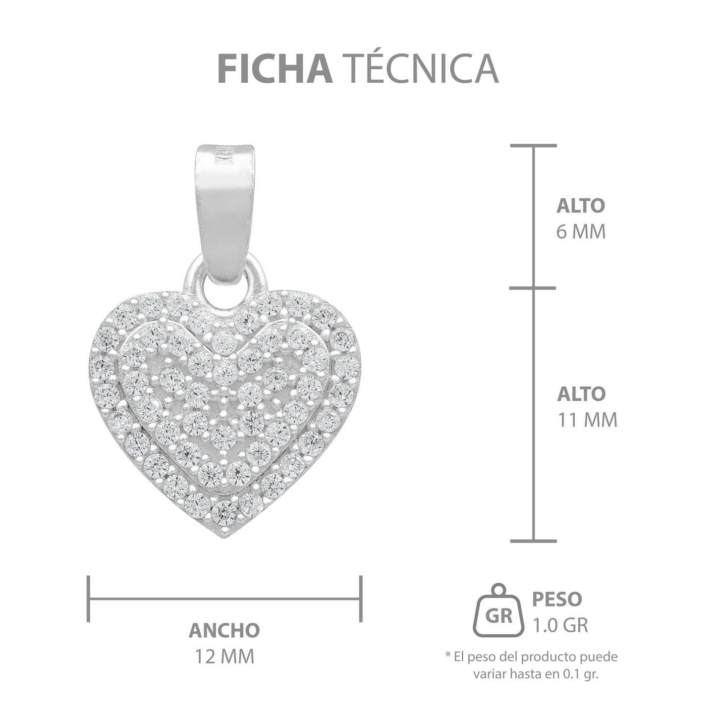 Dije Corazón Zirconia Mujer Amor Mamá Regalo Plata 925 1.7cm