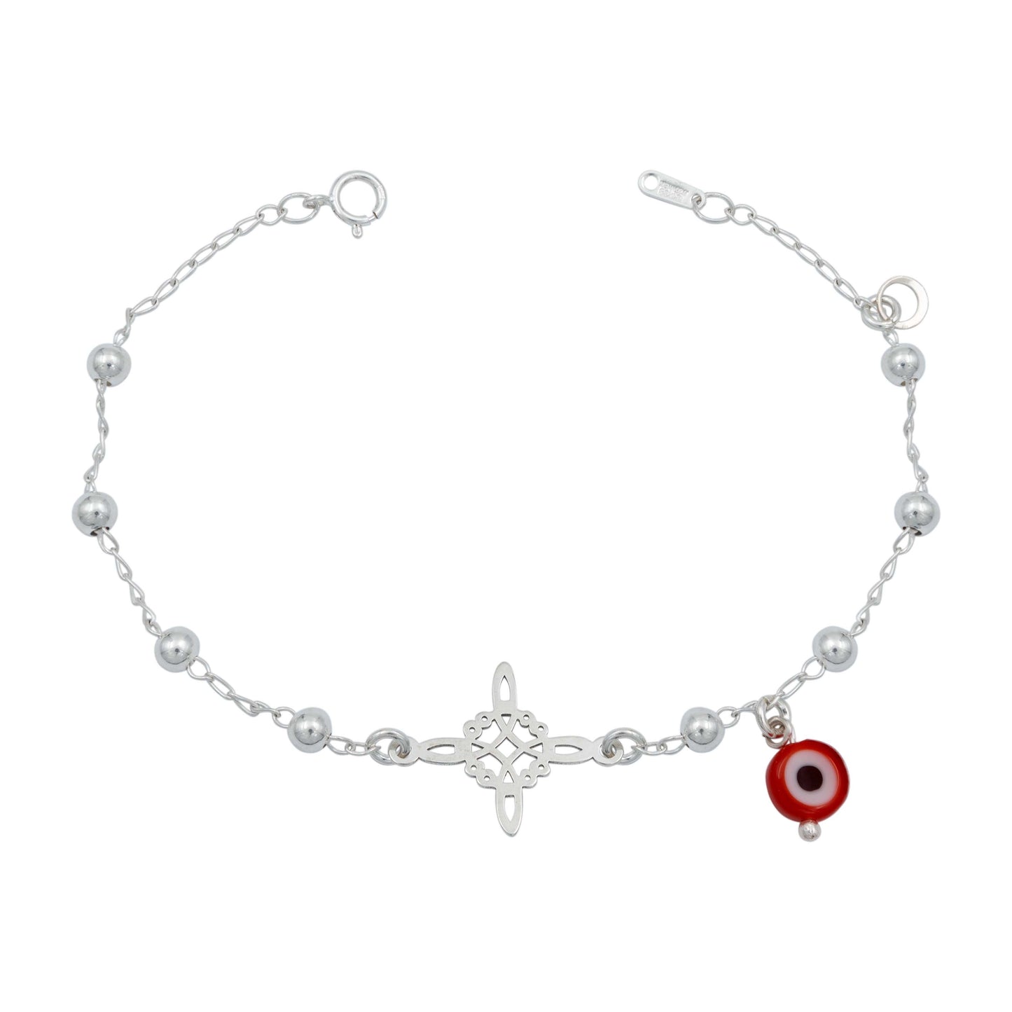 Pulsera Ajustable Nudo De Bruja Ojo Turco Bolitas Plata 925