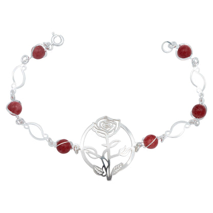 Pulsera Flores Rosa Piedra Natural Cuarzo Mujer Plata 925