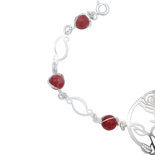 Pulsera Flores Rosa Piedra Natural Cuarzo Mujer Plata 925