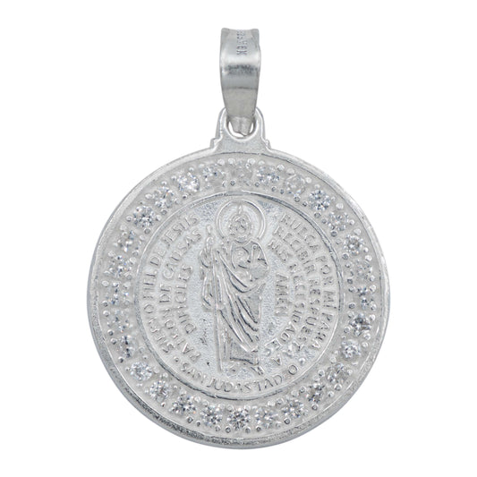 Dije Medalla Doble Vista San Judas Oración Zirconia Plata925