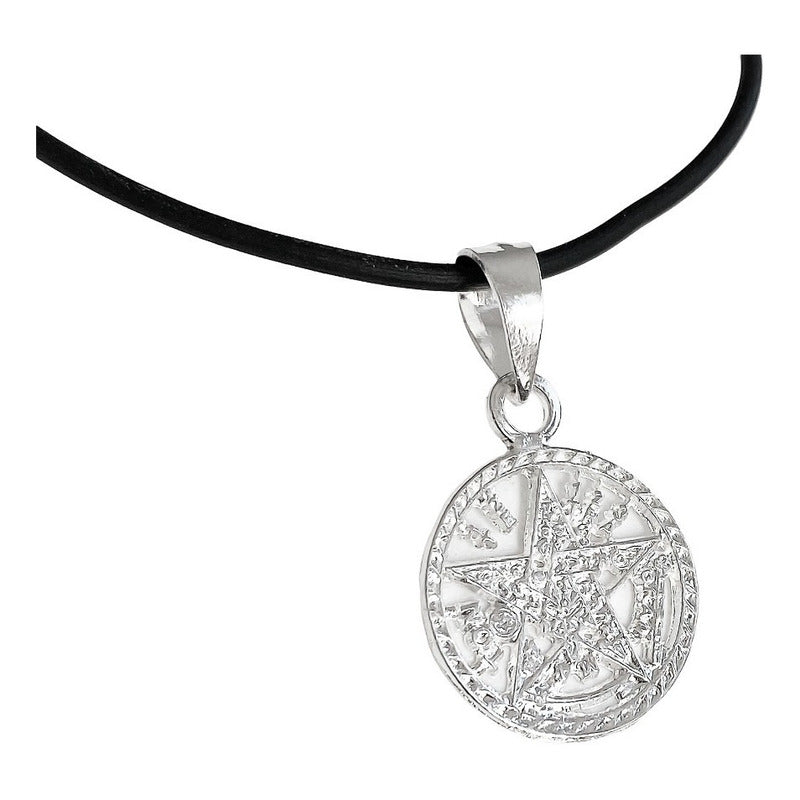 Collar Caucho Dije Medalla Tetragramaton Diamantado Plata925