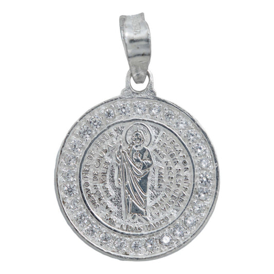Dije Medalla San Judas Oración Zirconias Plata 925 2 Cm