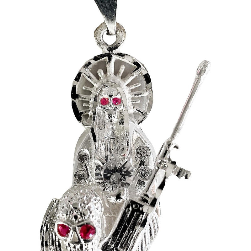 Dije Santa Muerte Rifle Calavera Zirconias Plata Ley 925