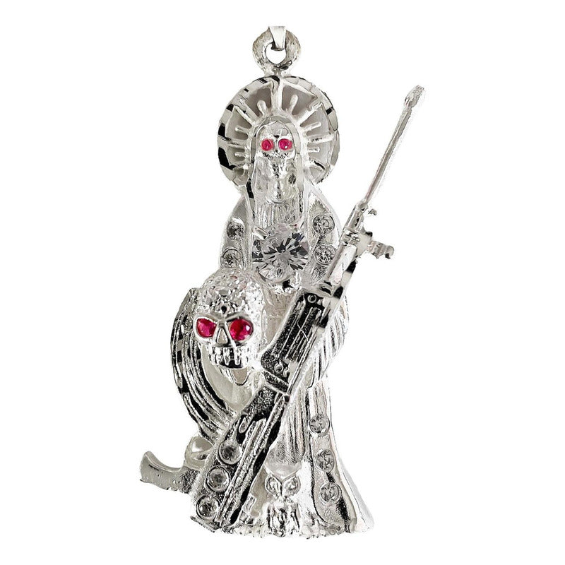 Dije Santa Muerte Rifle Calavera Zirconias Plata Ley 925