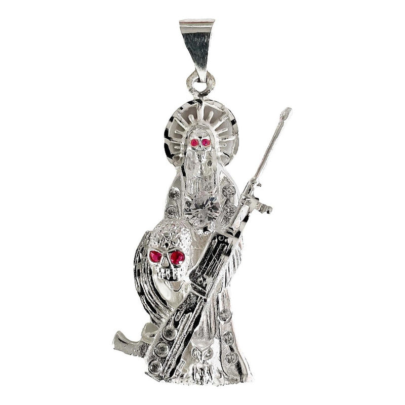 Dije Santa Muerte Rifle Calavera Zirconias Plata Ley 925