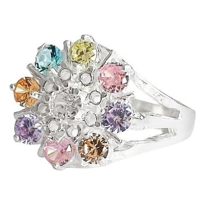 Anillo Flor 8 Pétalos Con Zirconias De Colores De Plata .925