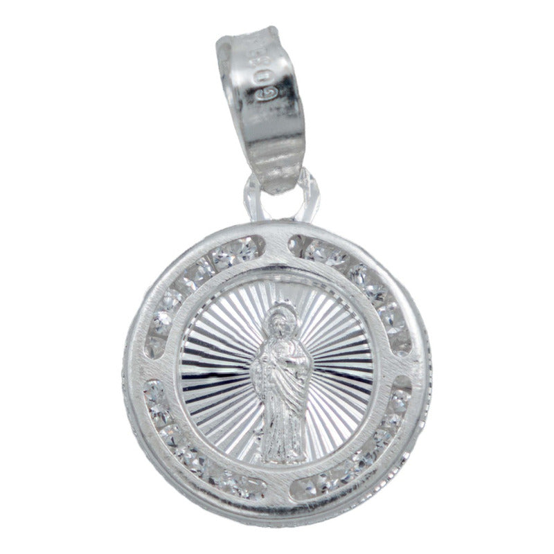 Dije Medalla Diamantada San Judas Zirconias Plata 925 1.2 Cm