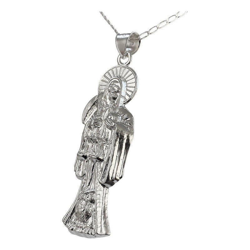 Collar Medalla Gigante Santa Muerte Hueco Plano En Plata 925