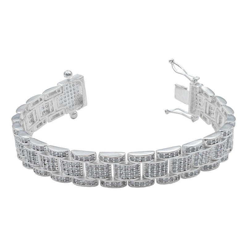 Pulsera Rolo Zirconias Gruesa Caja Hombre Plata 925 1.2 Cm