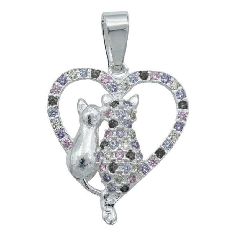 Collar Corazón Grande Gatos Zirconias Amor Regalo Plata 925