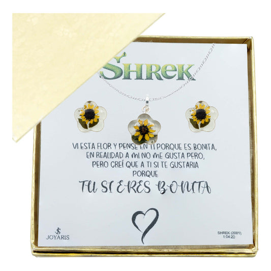 Shrek Aretes Collar Girasol Promesa Regalo Amor Plata S925