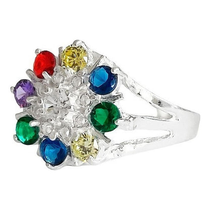 Anillo Flor 8 Pétalos Con Zirconias De Colores De Plata .925