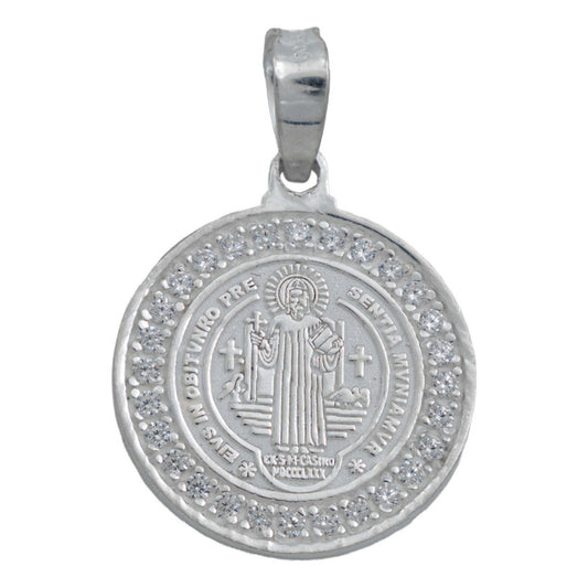 Dije Medalla San Benito Oración Zirconias Plata 925 2 Cm