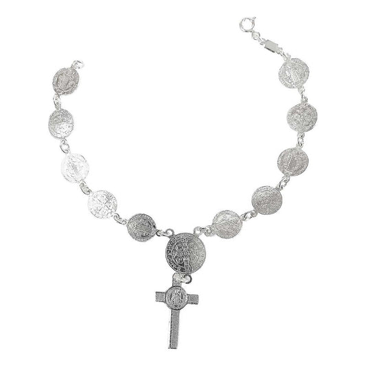 Pulsera Hombre Mujer Medalla Cruz San Benito Plata Ley 925