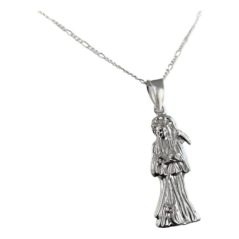 Collar Medalla Chico Santa Muerte Hueco Plano En Plata S925