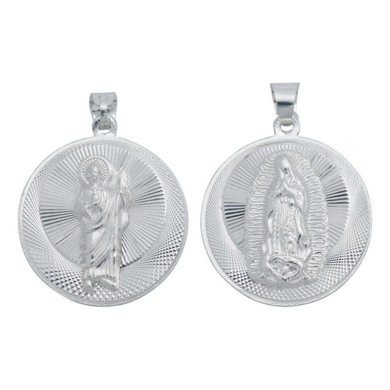 Dije Medalla Doble Vista San Judas Virgen Plata 925 2.9 Cm