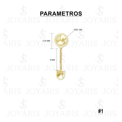 Arete Broquel Dormilona Bola Mujer Regalo #1 3.75mm Oro 10k