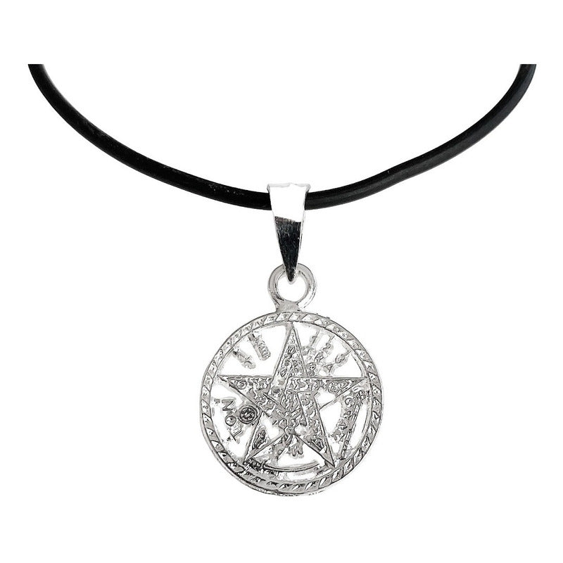 Collar Caucho Dije Medalla Tetragramaton Diamantado Plata925