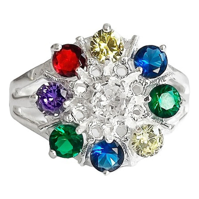 Anillo Flor 8 Pétalos Con Zirconias De Colores De Plata .925