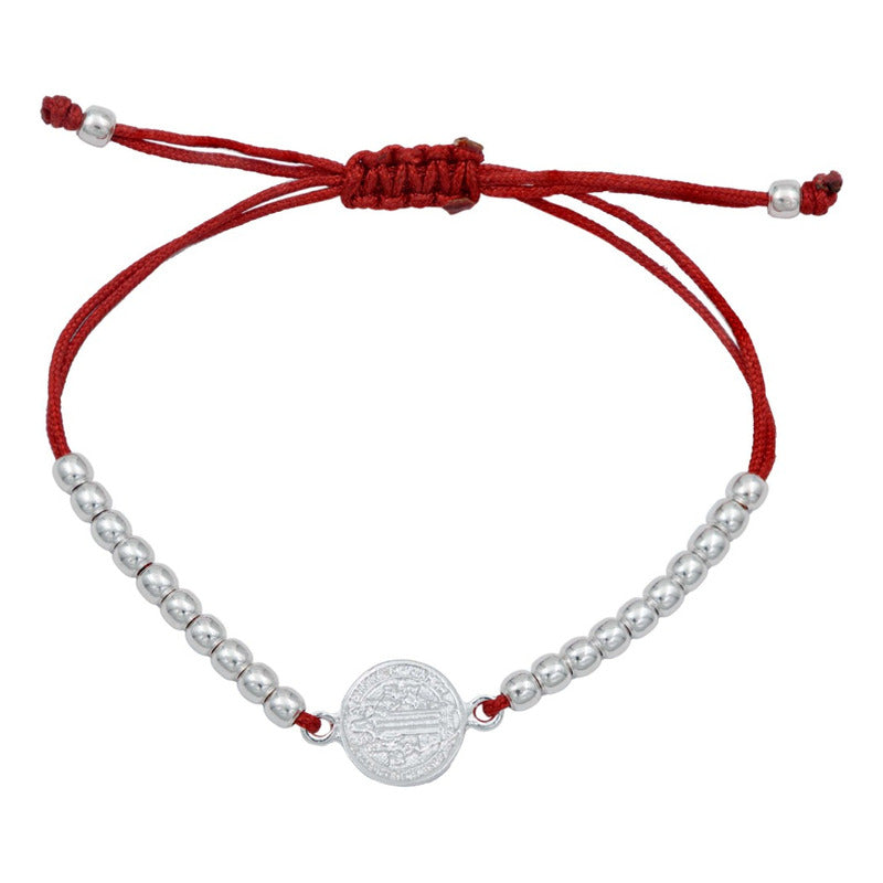 Pulsera Ajustable San Benito Hilo Artesanal Bola Plata 925