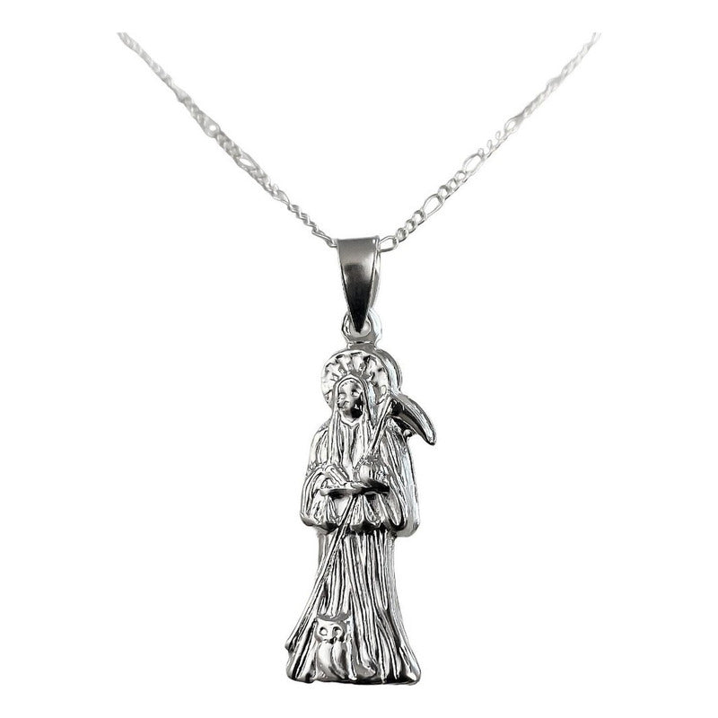 Collar Medalla Chico Santa Muerte Hueco Plano En Plata S925