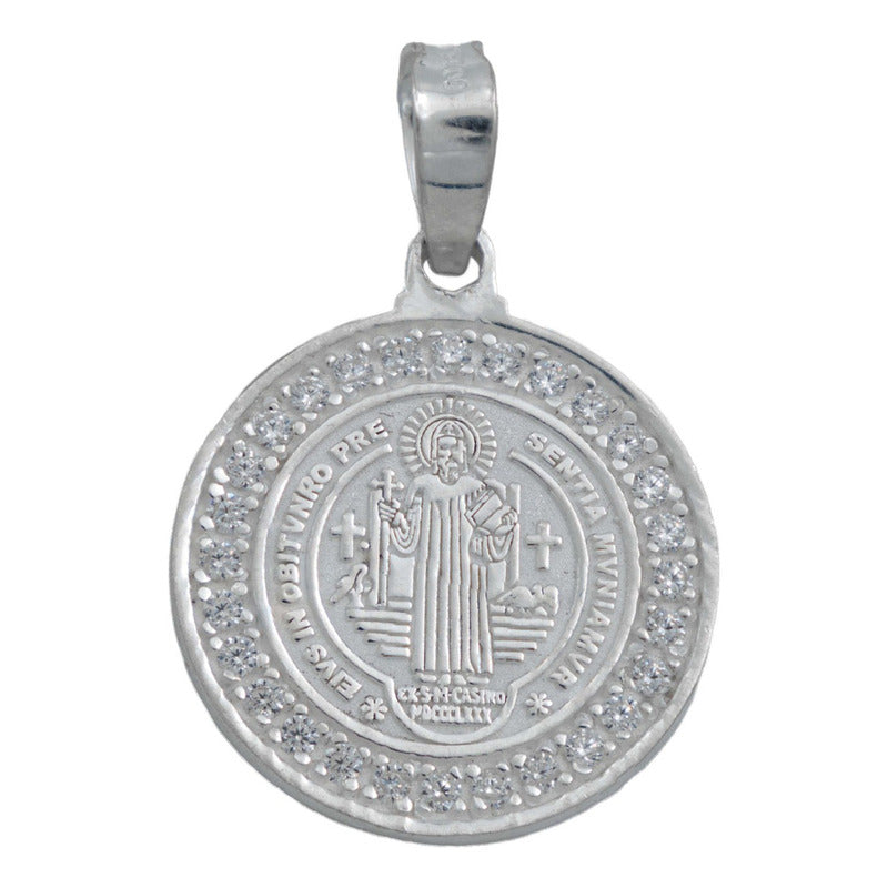 Dije Medalla San Benito Oración Zirconias Plata 925 1.6 Cm