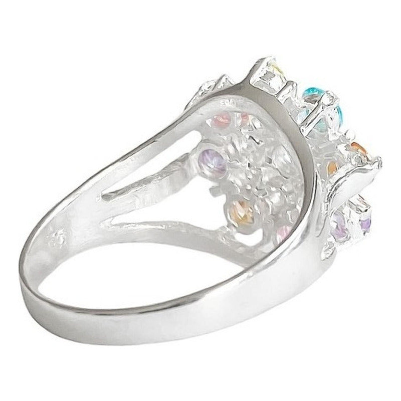 Anillo Flor 8 Pétalos Con Zirconias De Colores De Plata .925