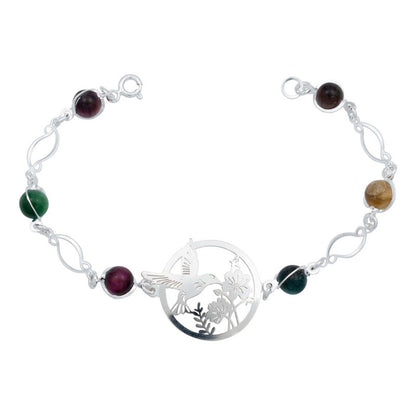 Pulsera Colibri Flores Piedra Natural Cuarzo Plata 925