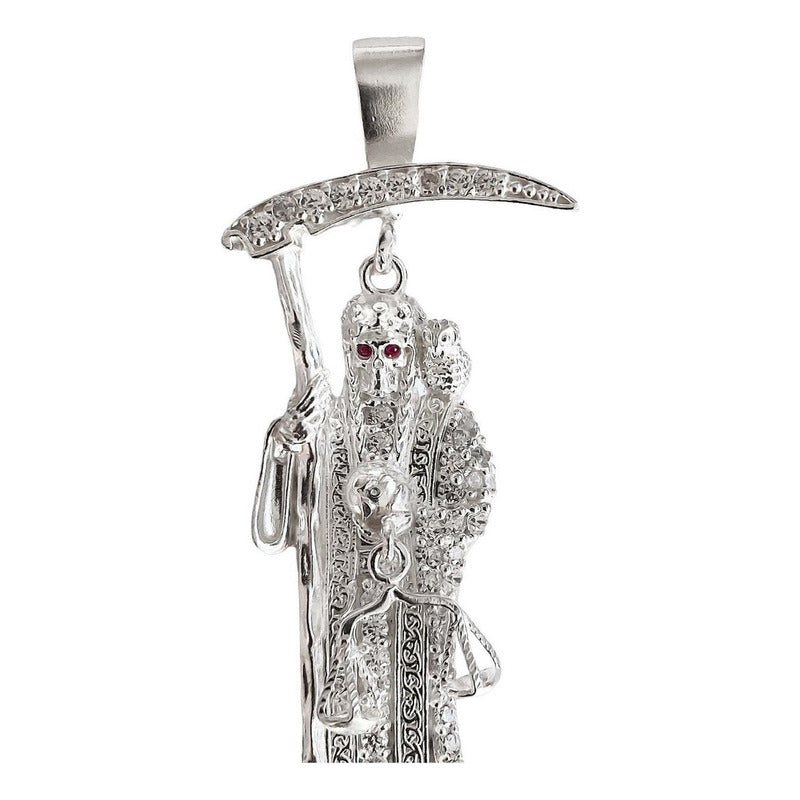 Dije Medalla Mediana Santa Muerte Con Zirconias En Plata 925