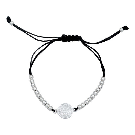 Pulsera Ajustable San Benito Hilo Artesanal Bola Plata 925