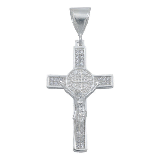 Dije Mediano Cruz Jesucristo San Benito Zirconias Plata 925