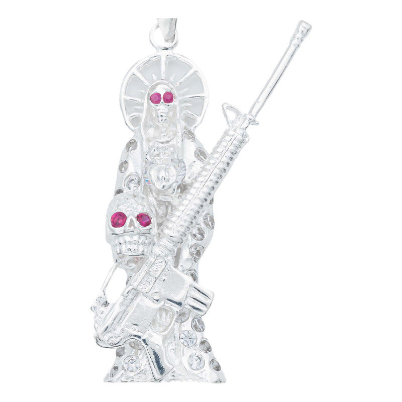 Dije Santa Muerte Rifle Calavera Zirconias Plata Ley 925